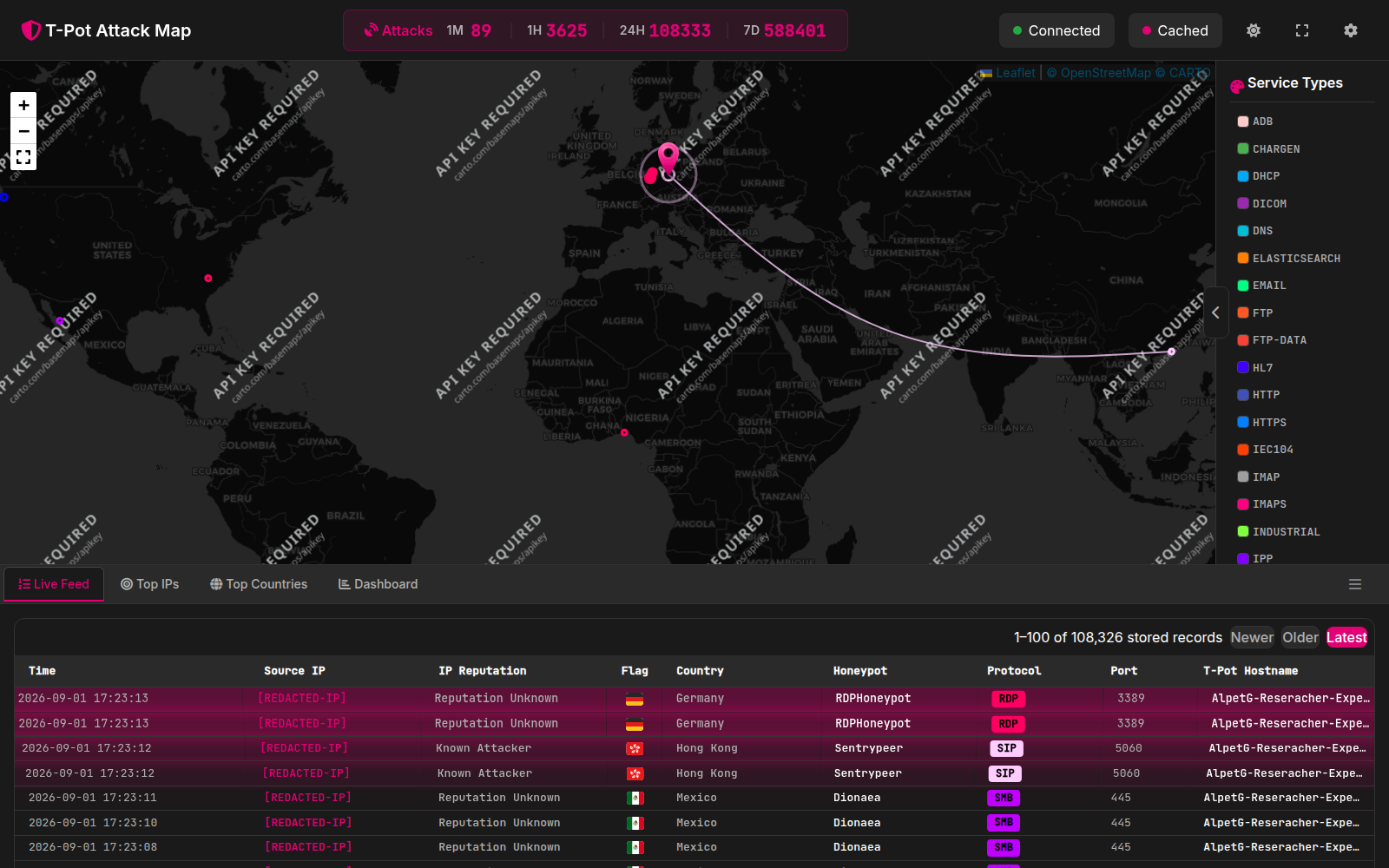 Sanitized Attack Map dashboard showing geographically distributed telemetry events